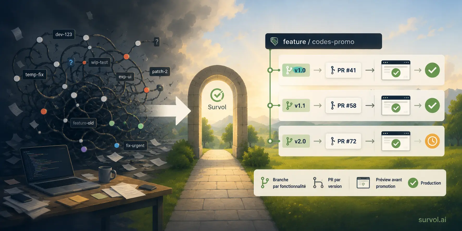 A Git strategy orchestrated by Survol, your product seen from above