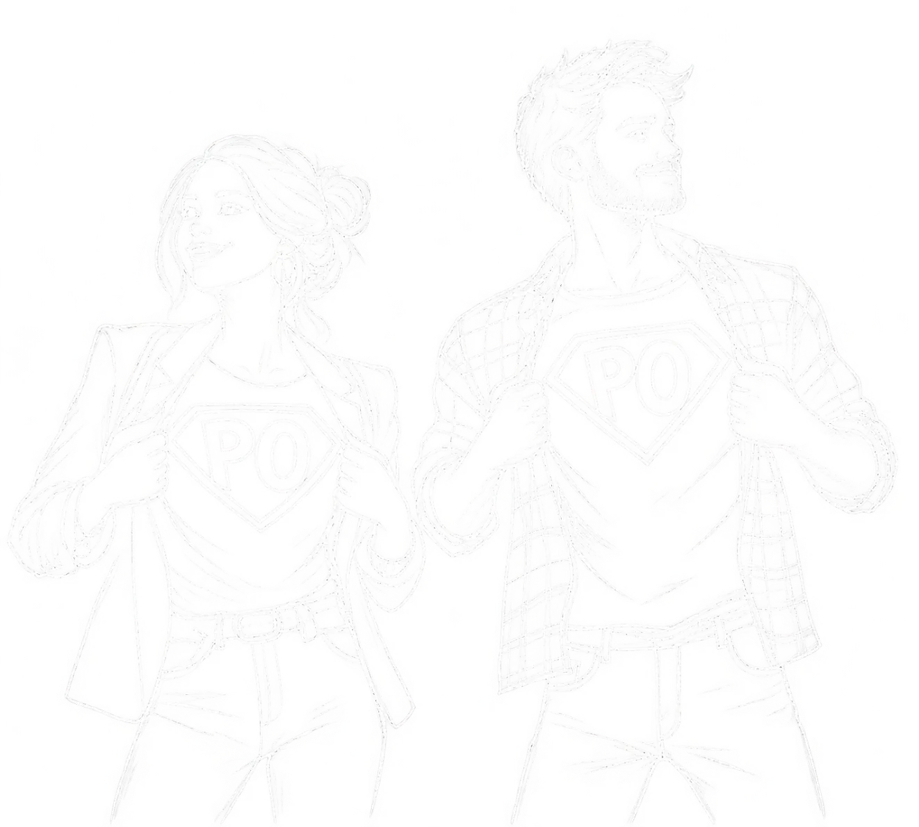 Sketch of a woman and a man in office clothes opening their shirts to reveal a superhero emblem marked “PO”.